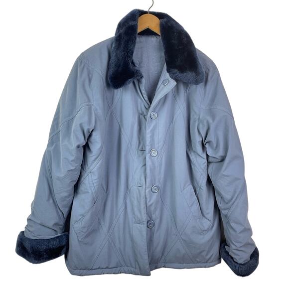 Vintage Blue Jacket with Faux Fur Collar Puffer Quilted M - Picture 1 of 8